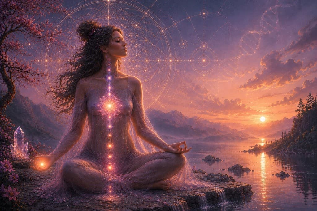 Woman meditating with sacred geometry, chakras, and cosmic light at sunset